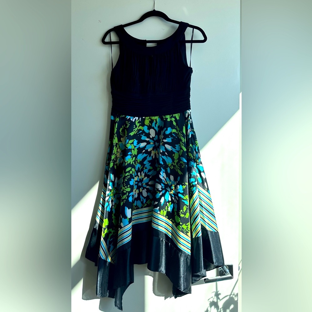 Silky Handkerchief Hem Dress Keyhole Opening Black /Multi Size 14